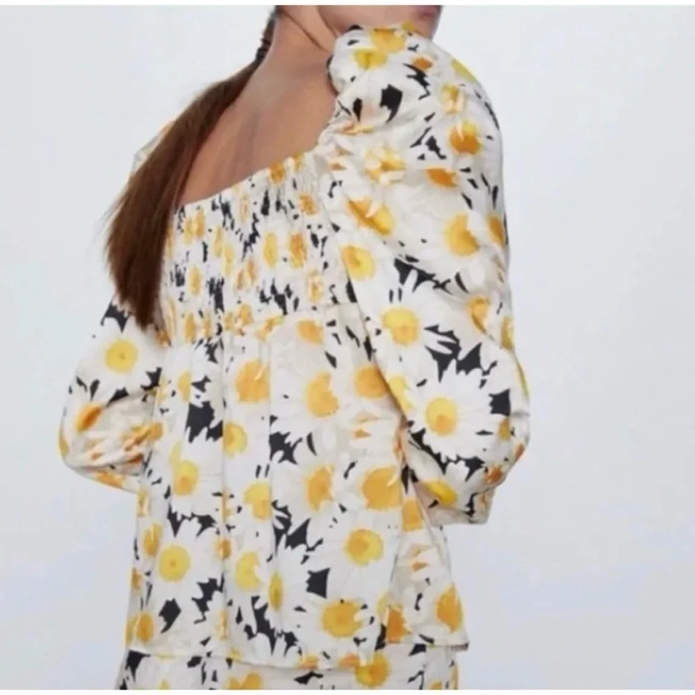 Zara floral daisy print top yellow blouse puff sleeve flowers spring summer S